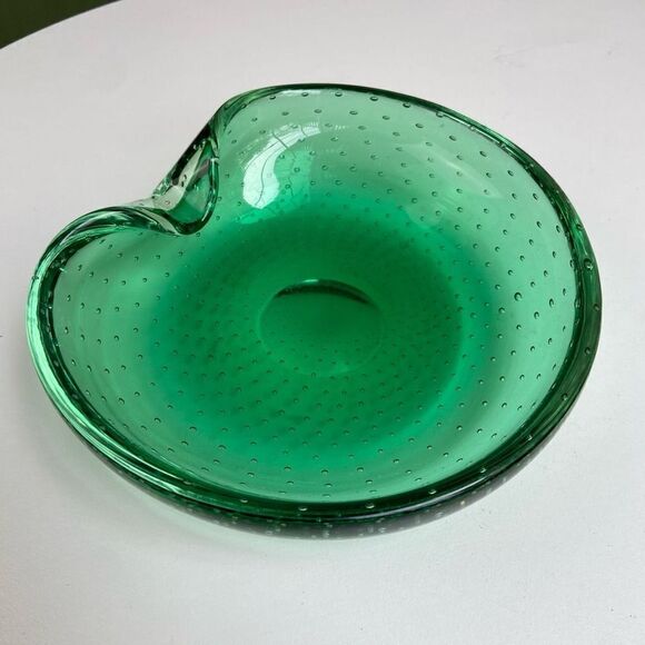 Vintage Emerald Green Bullicante Controlled Bubble Handblown Glass Dish Ashtray - Picture 5 of 11